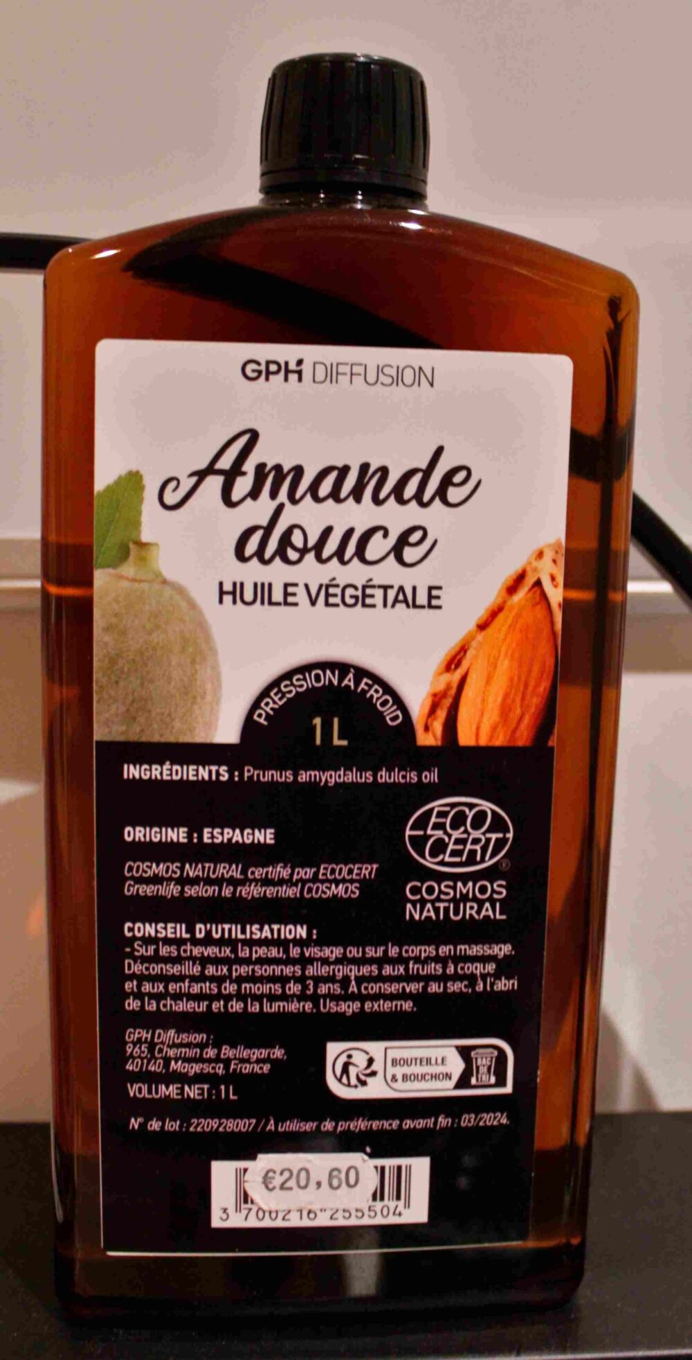 Huile végétale d'amande douce - 1 litre - GPH diffusion - Corps