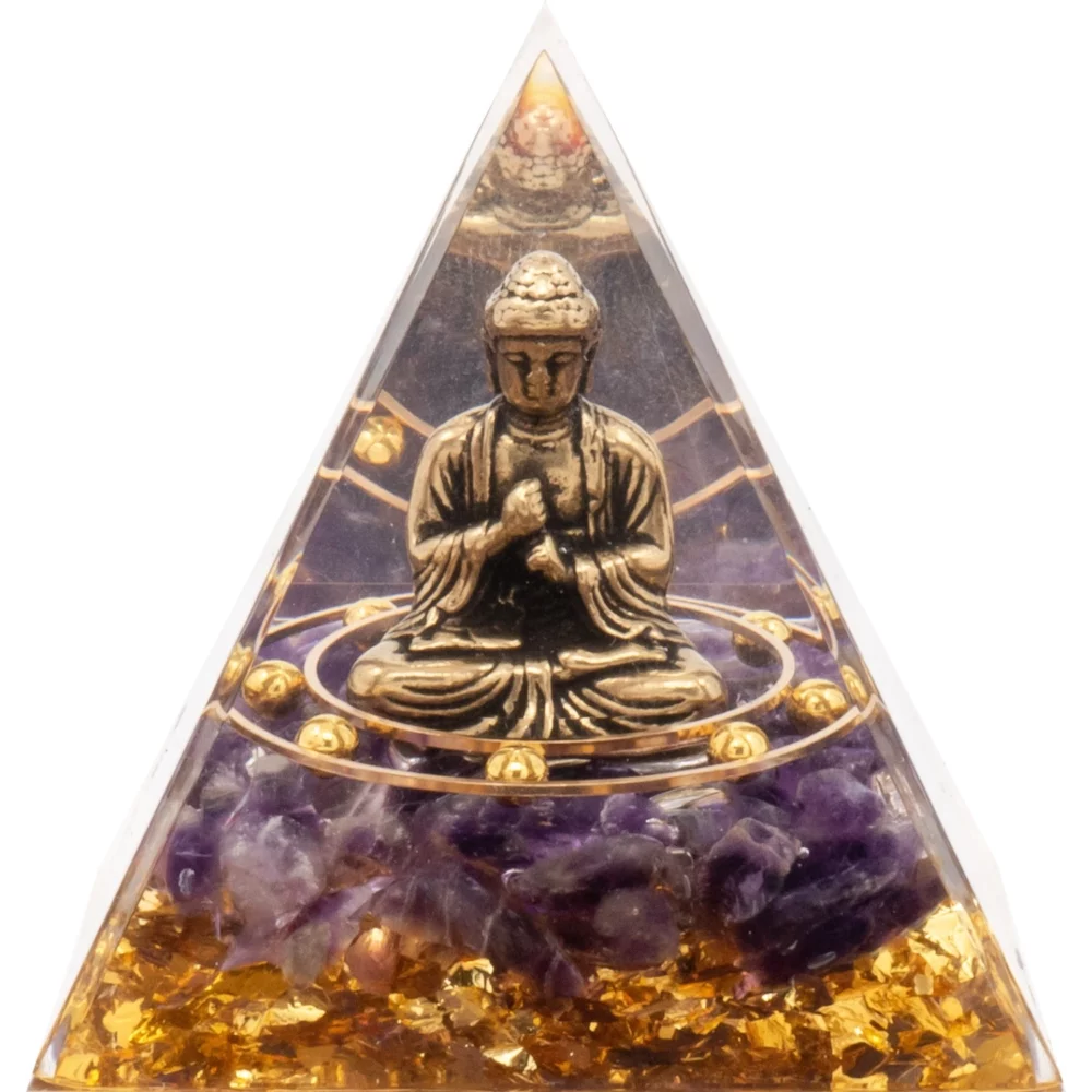 Pyramide Orgonite Améthyste et bouddha en cuivre