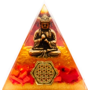 Pyramide Quartz jaune corail et bouddha en cuivre