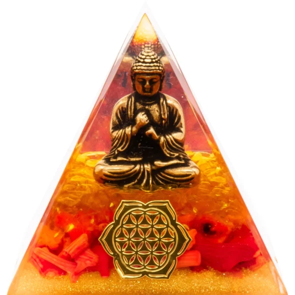 Pyramide Quartz jaune corail et bouddha en cuivre