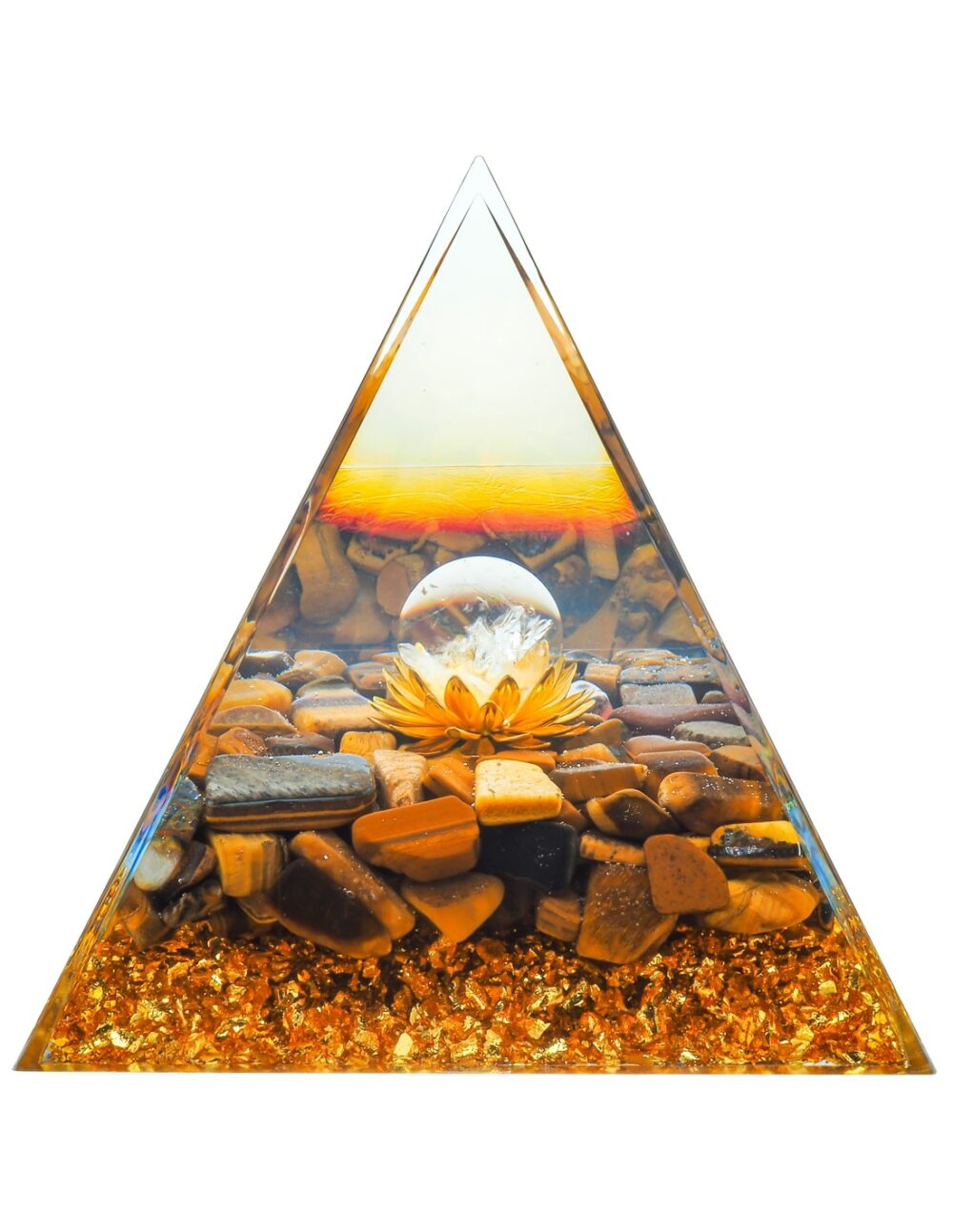 Pyramide Orgonite oeil de tigre et Cristal de roche