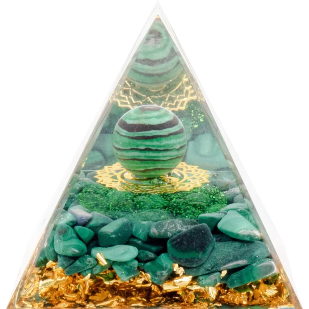 Pyramide Orgonite Boule de paon et malachite