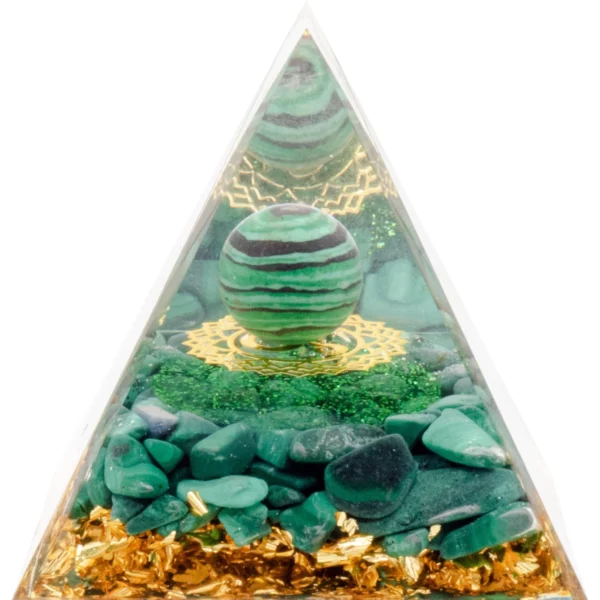 Pyramide Orgonite Boule de paon et malachite