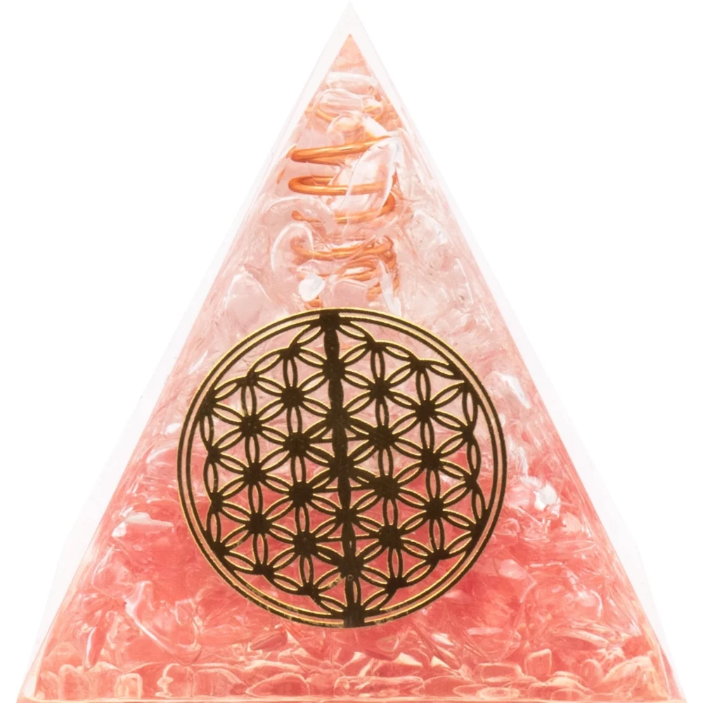 Pyramide Orgonite Quartz rose et fleur de vie en cuivre