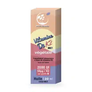 Vitamine D3 K2 MK7 végétale Pro'herbes, huile de coco MCT 20 ml, 2000 UI et 50 µg de K2 par goutte